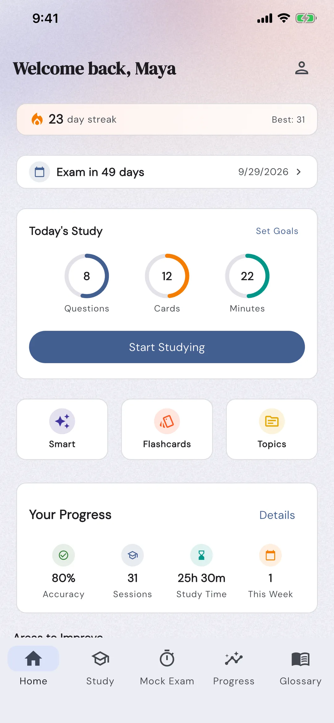 SCM Study app: Adaptive practice