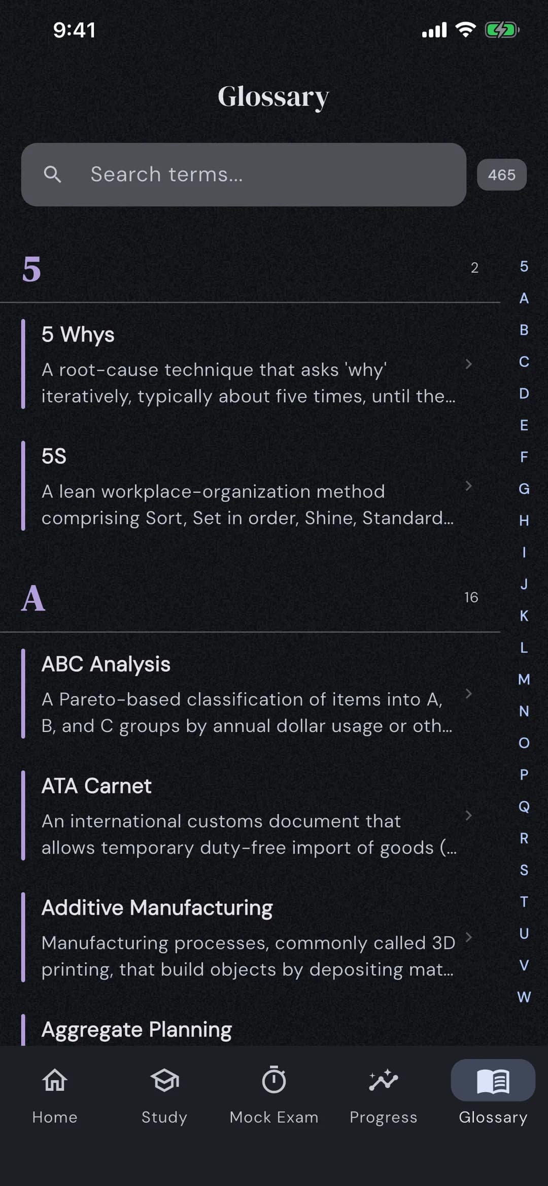 SCM Study app: 450+ term glossary