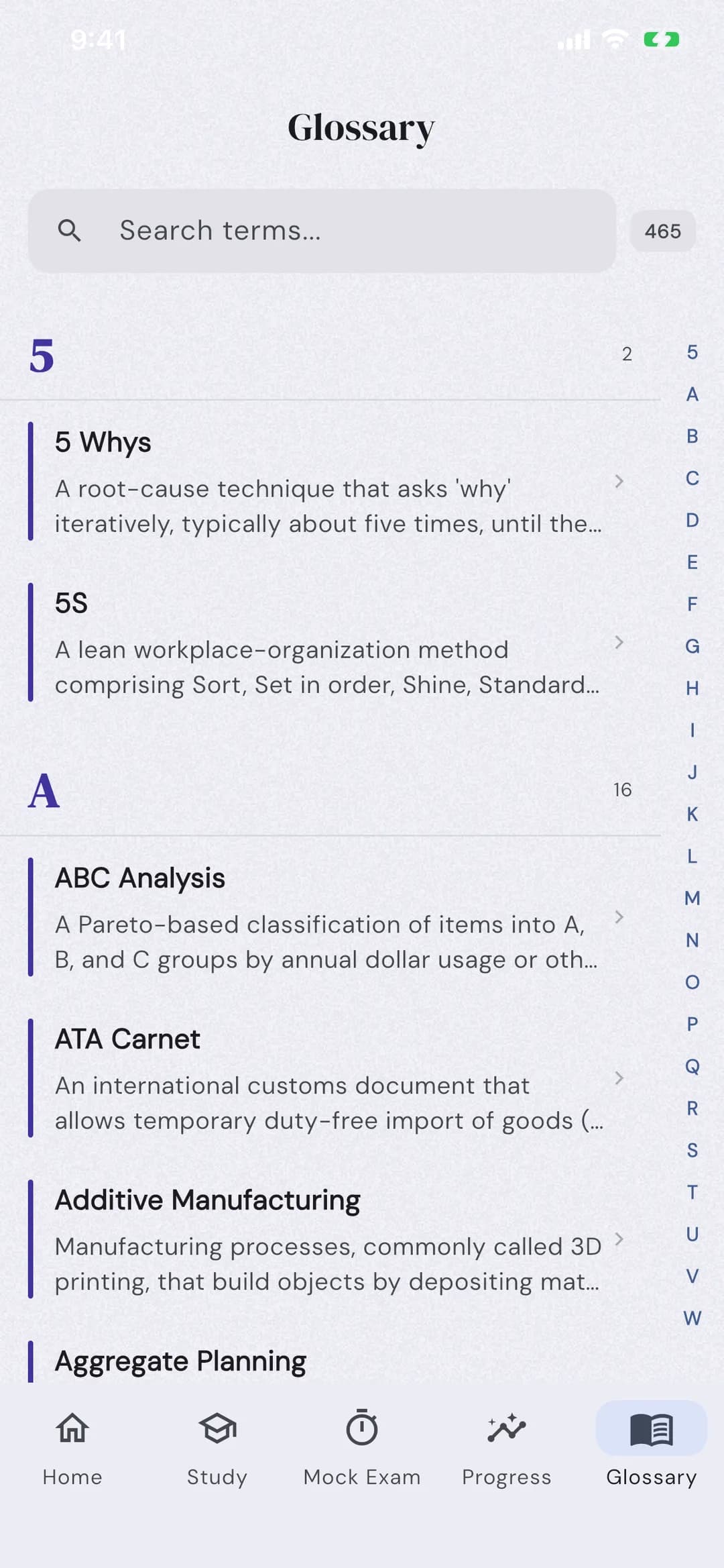 SCM Study app: 450+ term glossary